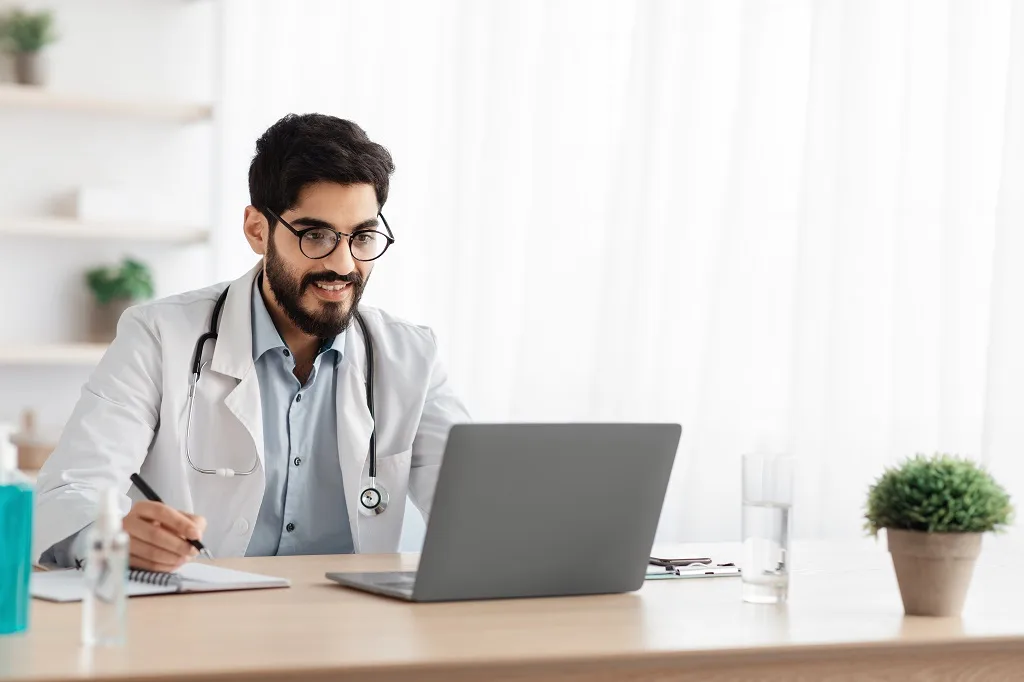 Online remote consultation of patient , modern telemedicine, health care laptop